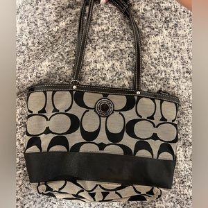 Coach Signature Black Stripe Tote Purse Shoulder Bag Handbag F17433